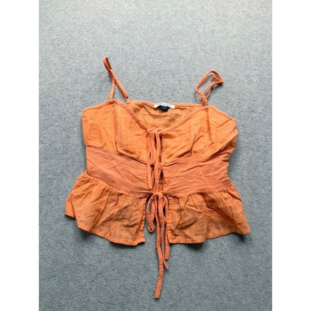 American Eagle Orange Tie Front Peplum Cami Top Small Boho Textured Sleeveless
